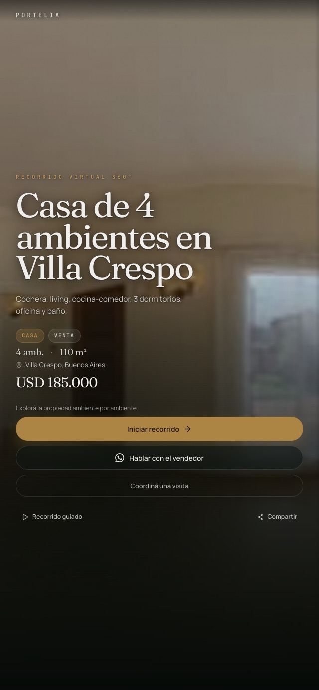 Portada del tour en el celular: título del inmueble, precio y botón Iniciar recorrido, con la marca de la inmobiliaria